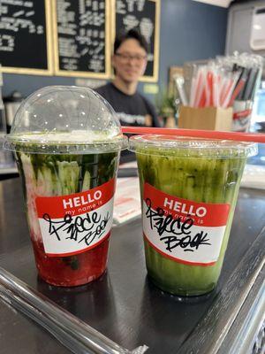 strawberry matcha latte (with oatmilk) and maycha latte (with oatmilk)