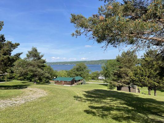 A view of the cabins and the lake from uphill.