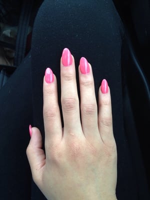 Stiletto acrylics in "BubbleGum" Pink. A $3.80 nail polish from Forever21.