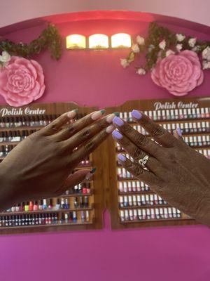 Nail polish wall at salon. Pink aesthetic!