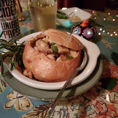 Chicken boom boom chili in a bread bowl