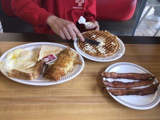 My sons breakfast with freshly made waffle