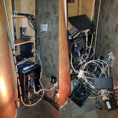 A huge cable mess form tv's, sound system, power cords, 12 HDMI cables, routers.... before and after cable management level 90