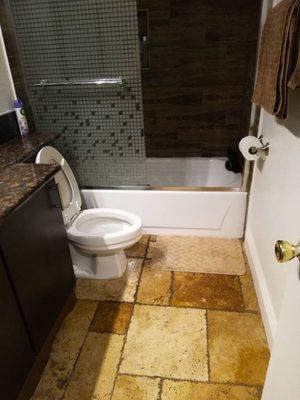 Fully clean bathroom. Towels and toilet paper replaced. We make sure that we do a thorough complete cleaning.