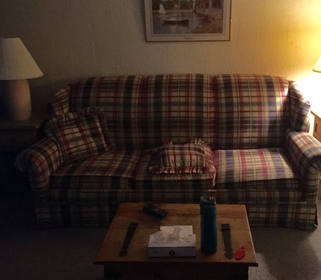 Broken couch in the "Suite" with a huge dip in the middle of the seat, rendering it useless. Placing a pillow in the center didn't help.