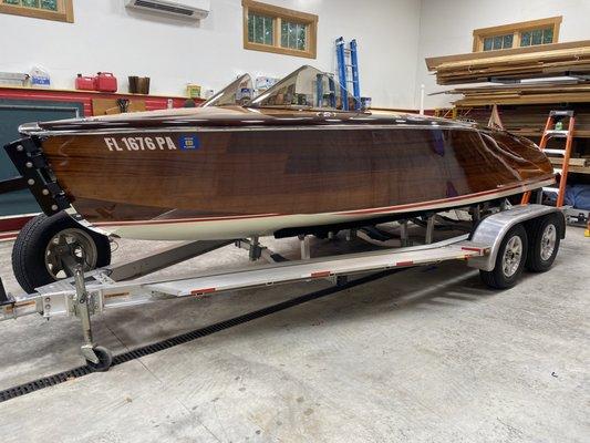 One of a kind wooden boat, received winter prep with polish and wax