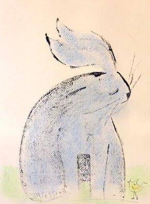 "Blue Bunny with Yellow Bird" original acrylic crayon and india ink on paper