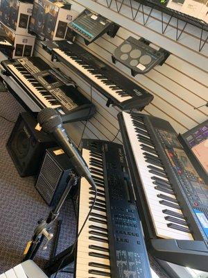 Keyboards, drum machines, PA equipment.