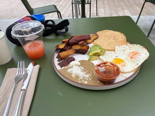 Azul Protein Breakie with sweet potatoes instead of chicken, and grapefruit juice