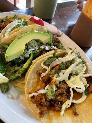 Chorizo, steak and Al pastor tacos