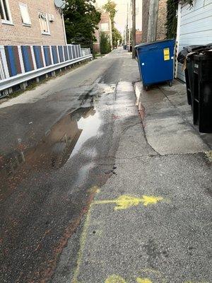 The back alley behind the company where they dump their waste into the sewer and water ways.