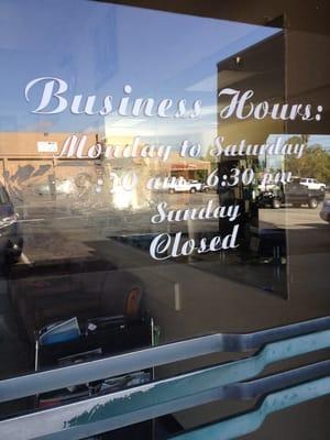 Hours are Monday to Saturday 9:30am to 6:30pm (not 9am)