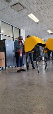 Volunteer helping Barbara vote on the tablet.