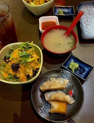 Salad, miso soup, spring rolls & gyoza pork pan fried dumplings