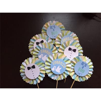 Custom made cupcake toppers for a stork theme baby shower.