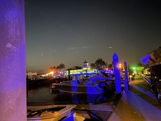 View of Salty Sam's Marina at night.