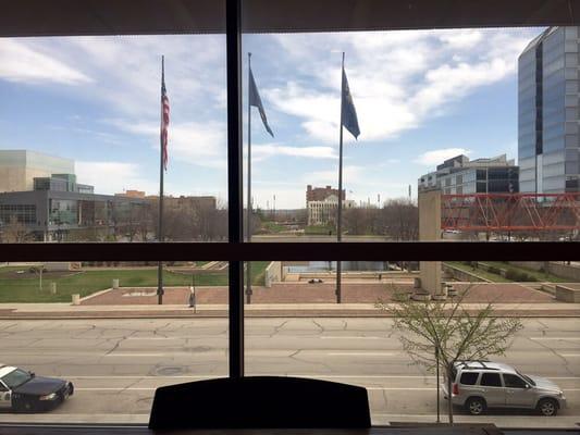 View out the library window of Leahy Mall.