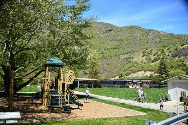 Foreground to back: playground, pavilion, Heber Valley train