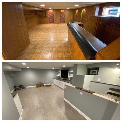 Before and after! Main area of basement including wet bar.