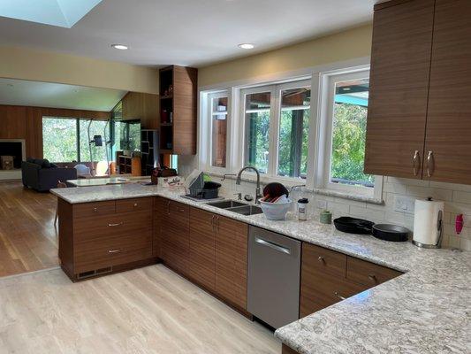 Euro-style cabinets, slab doors with stone tops