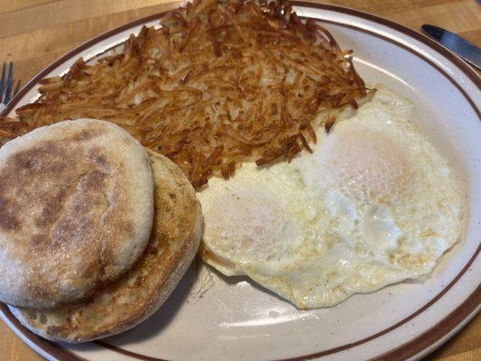 Eggs Over Medium, hash browns and English muffin