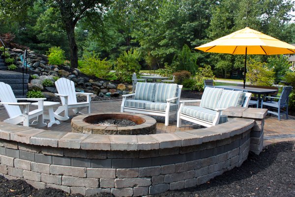 Patio with fire pit and sitting wall