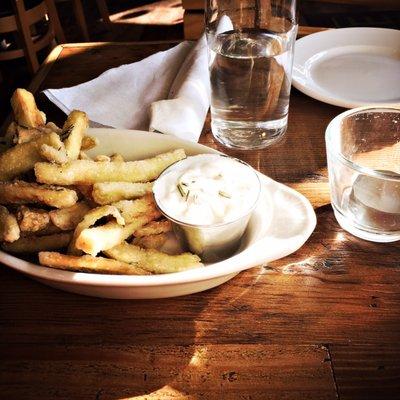 Crispy Eggplant appetizer with honey, rosemary, and whipped goat cheese dip