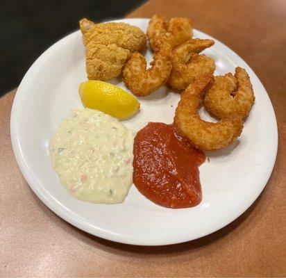 Fried Fish and Shrimp with Chunky Tartar Sauce and cocktail sauce