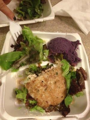 Half of the opah plate with salad and sweet potato