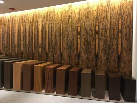 Birdseye Paldao wall panels at the Geiger Showroom, Neocon 2017,  Chicago IL. Wood veneers supplied by Interwood Forest Products.