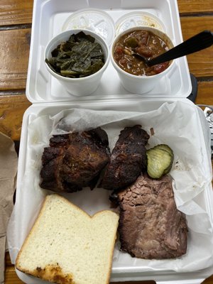 Collards, brisket chili, 3 rib bones and brisket.