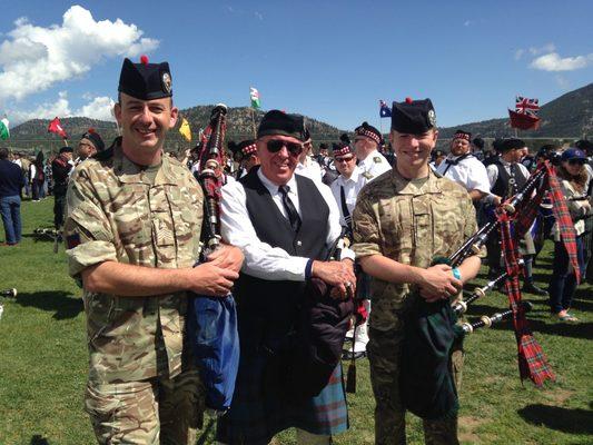 With Scots Guards pipers in Estes Park, Co where my band performed in the Tattoo with the Scottish Regiment - the Scots Guards.