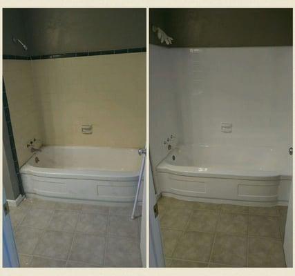 A before and after picture of a bath/shower combo we refinished. Call us today for your free quote!