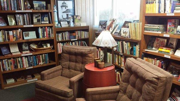 Port Hole Books front room welcomes you to sit before our fireplace and warm up on a cool coastal day.