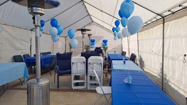 20X40 Tent, tables, chairs, outdoor heaters, balloons