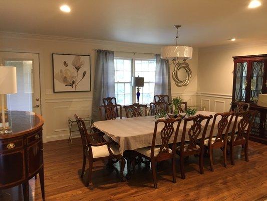 dining room remodel with chair railing with shadow boxes, triple stack crown moulding