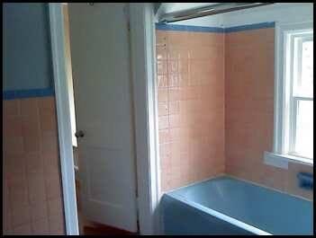 Peach tile and blue accents. Homeowner wanted a cleaner, brighter looking bathroom.