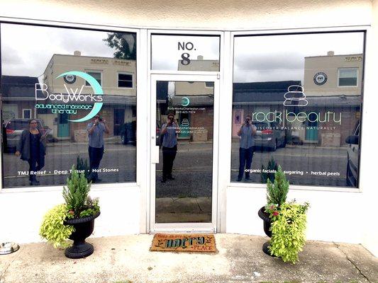 Window graphics, logo design and branding for Body Works and Rock Beauty in Avondale, South Carolina