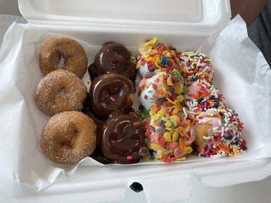 Cinnamon, chocolate glazed, fruity pebbles and sprinkles