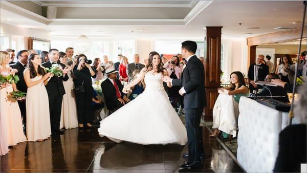 After our grand entrance, Richard announced our first dance.  It's hard to see him, but he set up in the white "box" on the right.