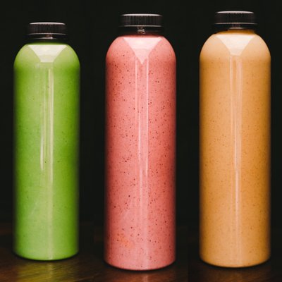 Smoothies to-go! Left to right: Greenhouse, PB+G, and Buzz Smoothies (all vegan, gluten-free)