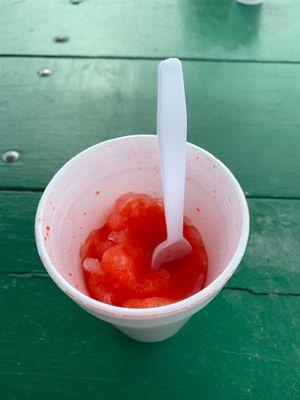 Snow cone I got medium w/extra syrup. I have not taken a bite this is after I mixed it up to try and get juice