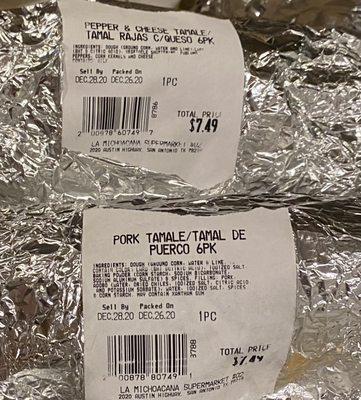 6 tamales for $7.49-- tamales are decent size; unfortunately, 80% dough & 20% meat.