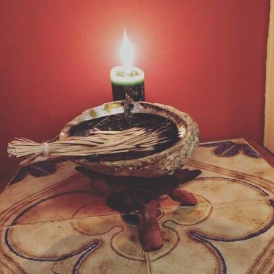 Sweetgrass in abalone with Sunbeam candle