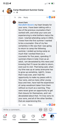 A public comment made by a camp parent on the camp's Facebook page.