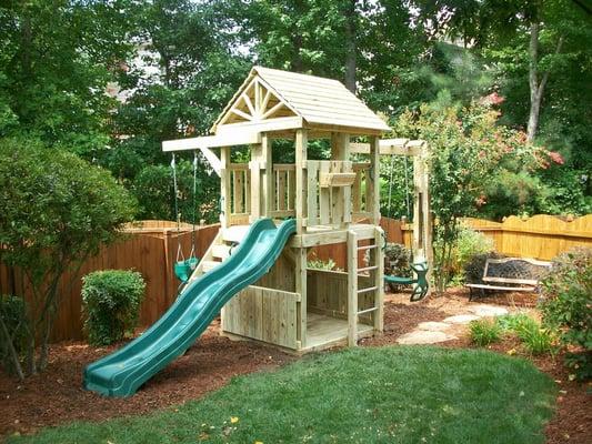 Since we custom design and manufacture, we can fit our playsets in most any area, even with good clearances!