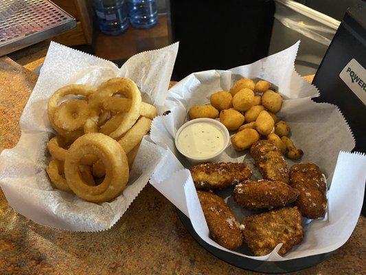 The 3/$13 appetizer special. Onion rings, cheese curds, and jalepeno poppers.