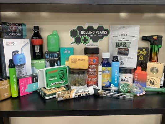 Just some of the vapes, disposables, pre-rolls, 7g flower jars, pipes, hummus, syrup