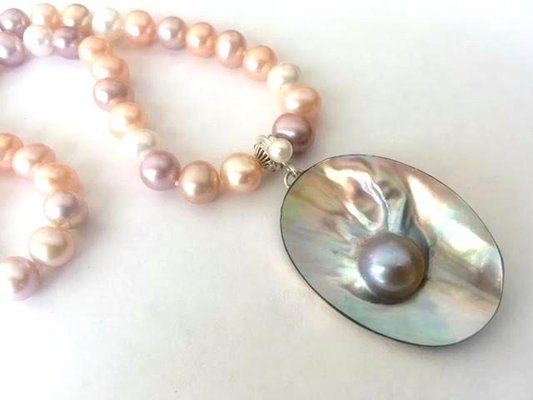 Freshwater Multi-Color Knotted Pearl Necklace with Oval Blister Pearl and Sterling Silver Pearl Bail