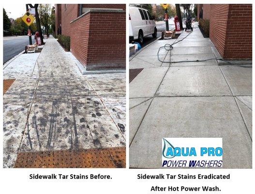 Tar Removal From Sidewalk with Hot Power Washing.